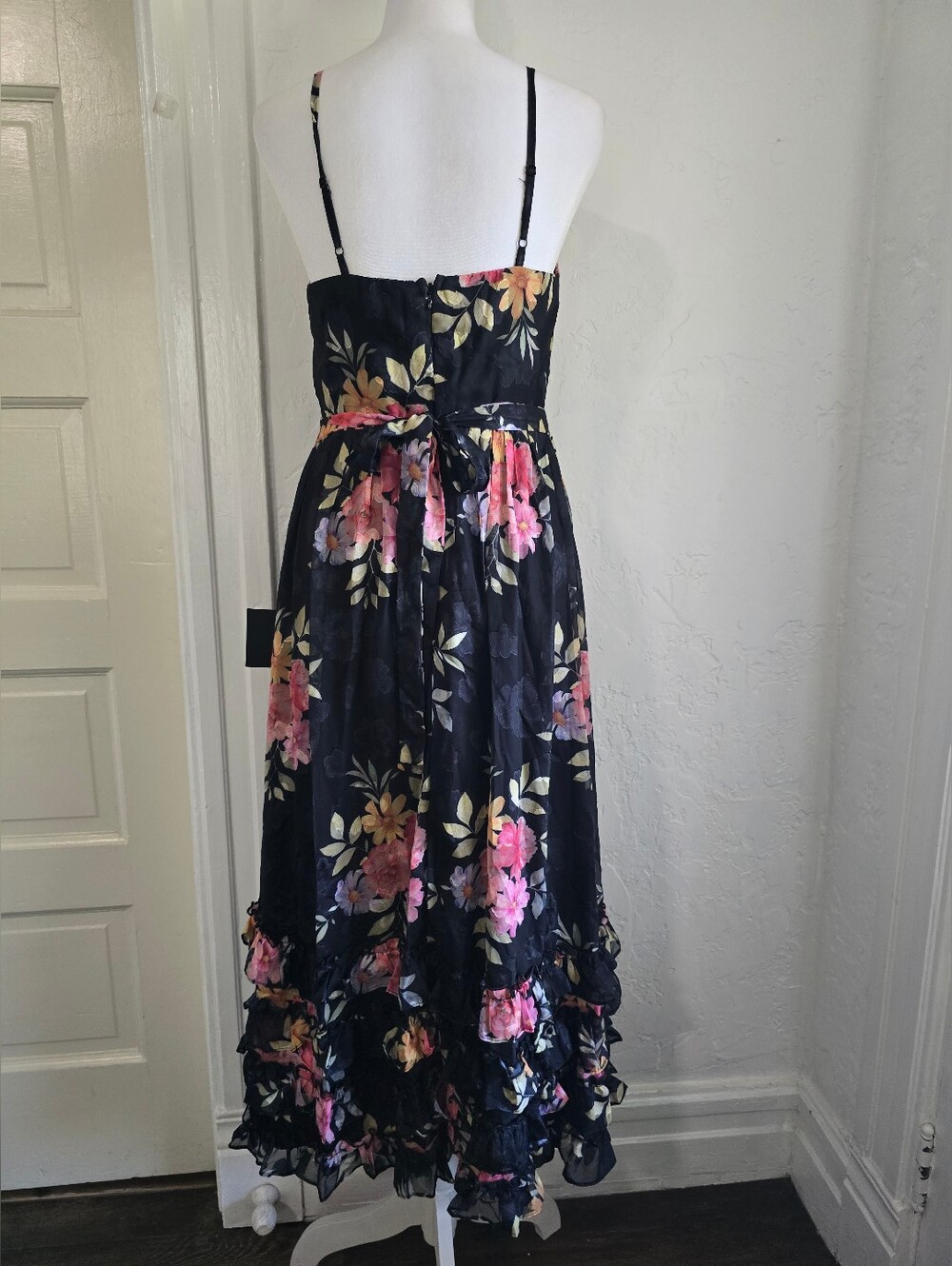 NEW Lulu's Elegant Radiance Black Floral Print Ruffled Bustier Midi Dress - Picture 10 of 14